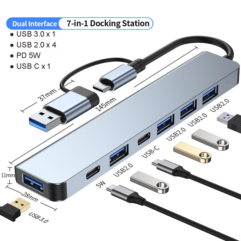 Usb Hub 7 Port - 7ポートUSB Cエクステンダーアダプターハブ、アルミニウム合金製USB 2.0ハブアダプター、タイプCスプリッターエクステンダー、ノートパソコン用