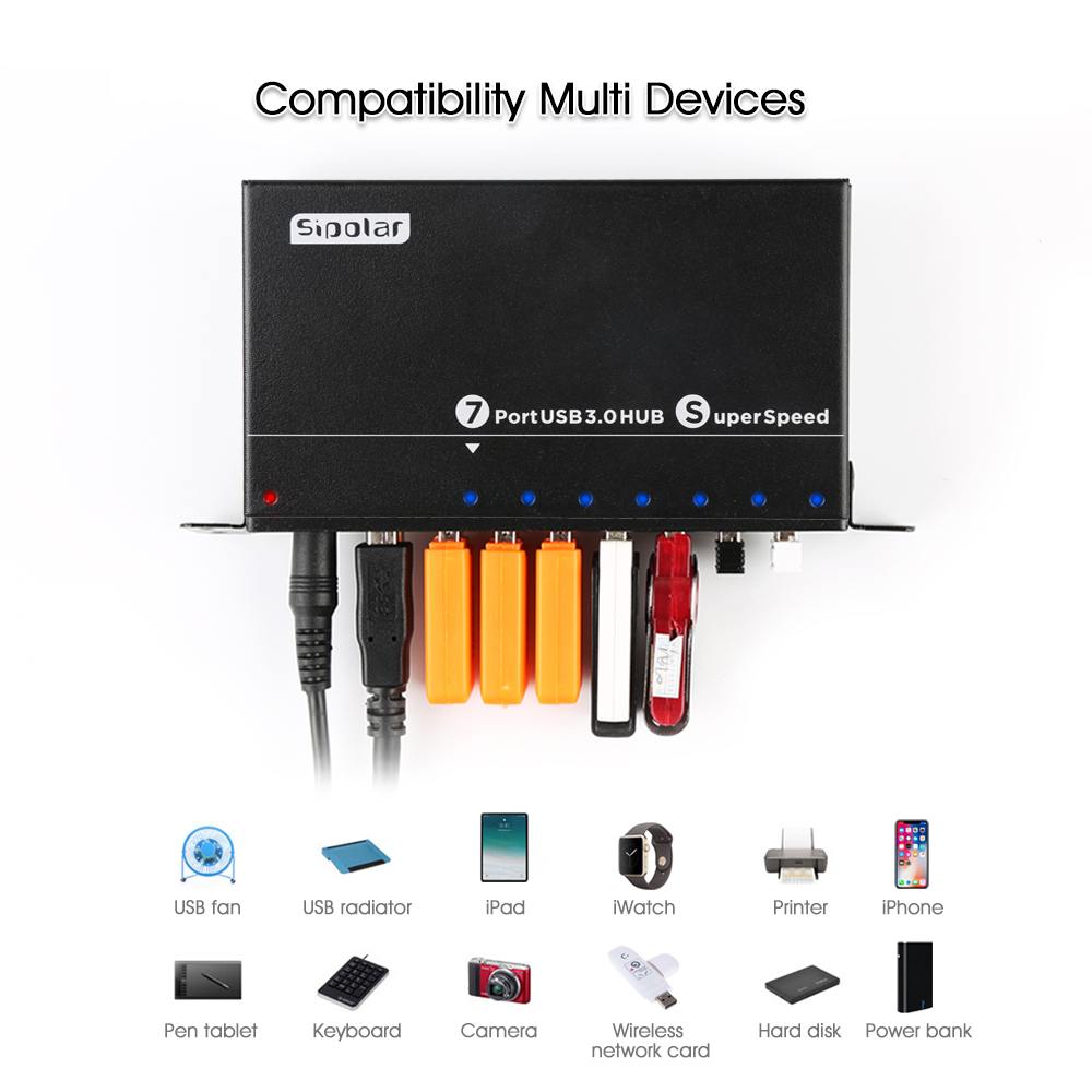 Usb Hub 7 Port - A-173 工業用7ポートUSB 3.0メタルハブ高速スプリッター、12V 3A DC電源アダプター付き、電話のフラッシュ修理、ワークステーション用